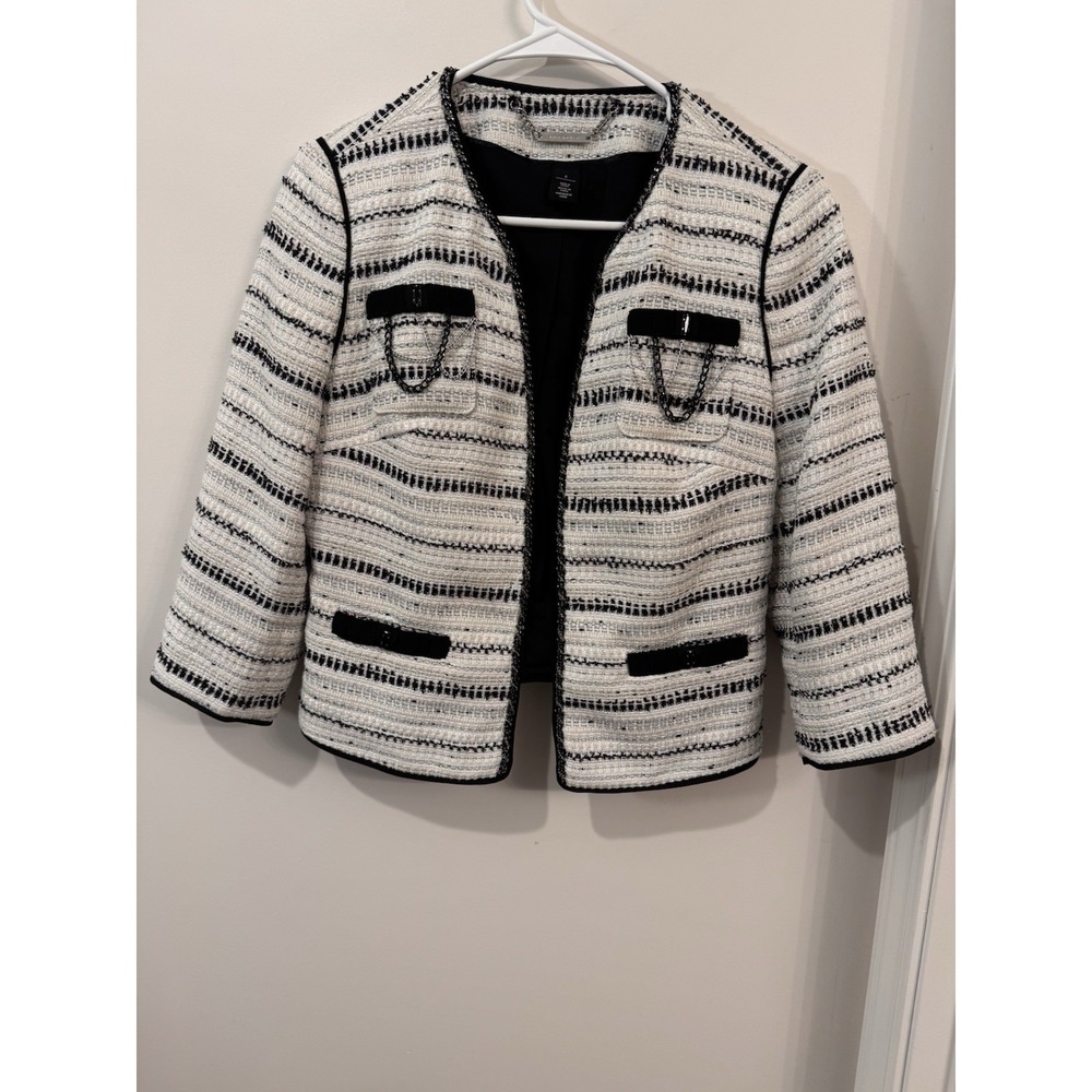 White House Black Market Open Tweed Blazer Jacket  Lined 3/4 Sleeve Chain  Sz 6‎